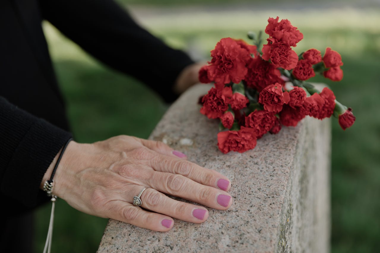 Inicio Delicate hands resting on headstone with red carnations, symbolizing remembrance.